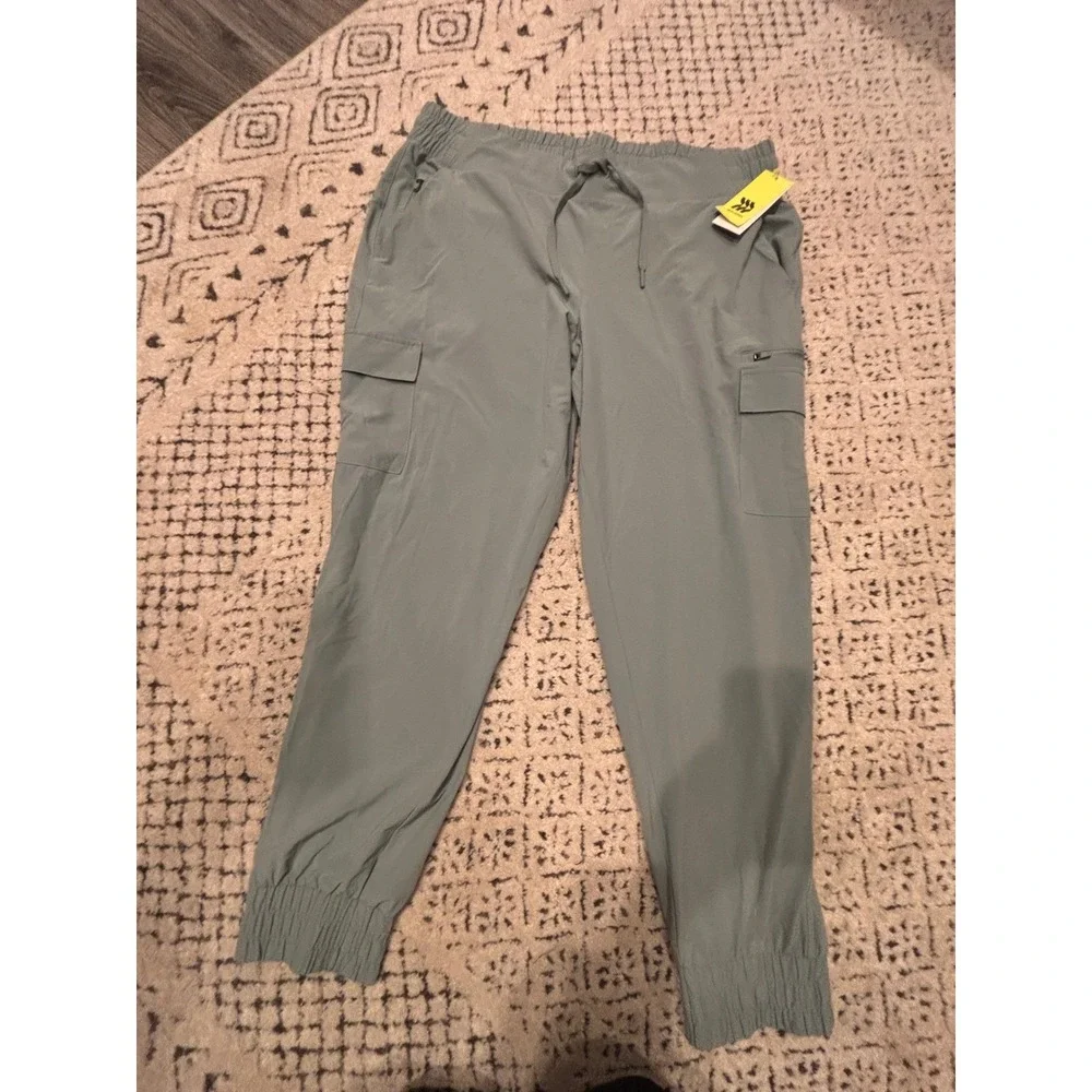All In‎ Motion women's Stretch Woven Cargo Pants Olive Green Joggers XL New
